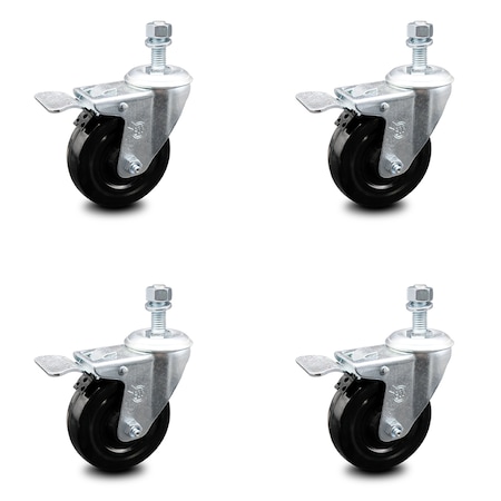 Service Caster 4 Inch Hard Rubber Swivel 1/2 Inch Threaded Stem Caster Set with Total Lock Brake SCC-TSTTL20S414-HRS-121315-4